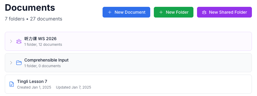 Documents list with personal documents and folders